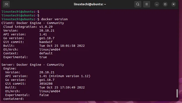 Docker-versión-Command-Output-Linux