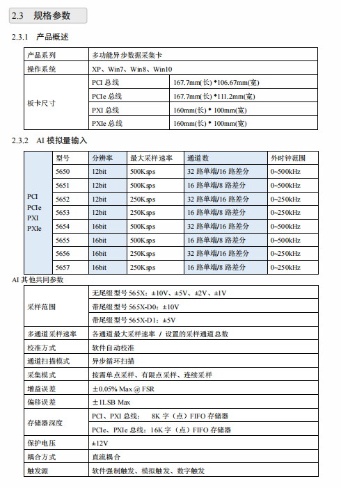 565X 提供PCI/PCIe PXI/PXIe 最高32RSE/NRSE通道或16通道DIFF模拟量输入 4通道模拟量同步输出 16路数字DIO及1路多功能计数器_PXI/PXIe_02