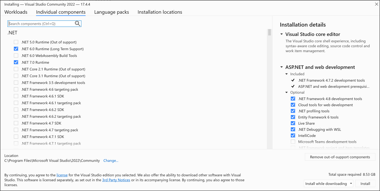 显示 Visual Studio 安装程序的“各个组件”选项卡的屏幕截图。