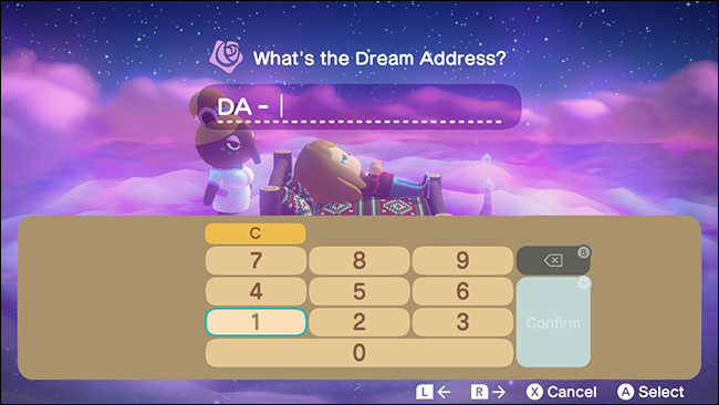 The "What's the Dream Address" input menu in Animal Crossing: New Horizons. 