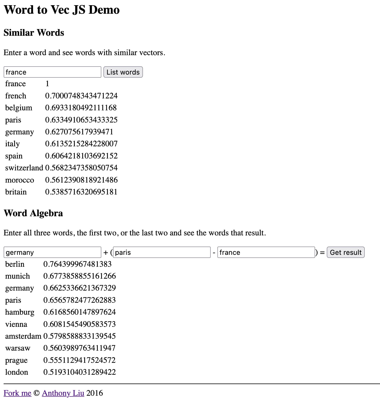 Screenshot of the Word to Vec JS Demo showing the results for france and the algebra results for germany + paris - france