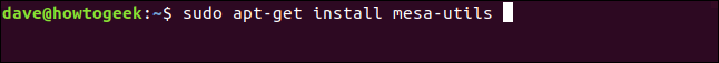 The "sudo apt-get install mesa-utils" command in a terminal window.