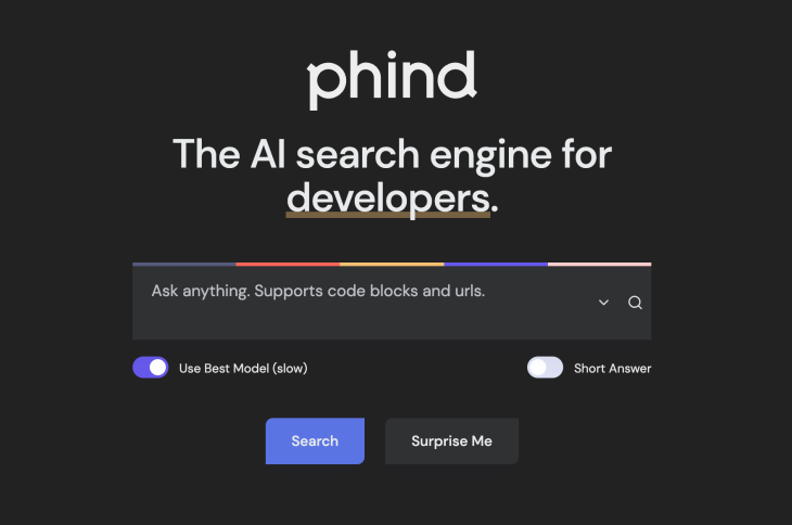 Phind Ai 開発者検索エンジンのホームページ