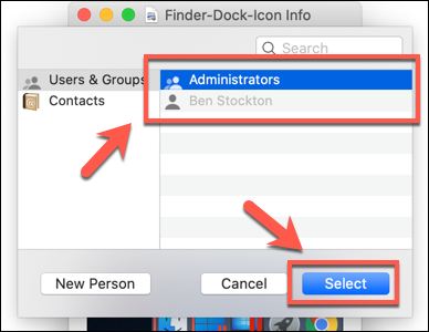 Select a user or user group, then press Select to add that user or group to the list of file permissions on macOS