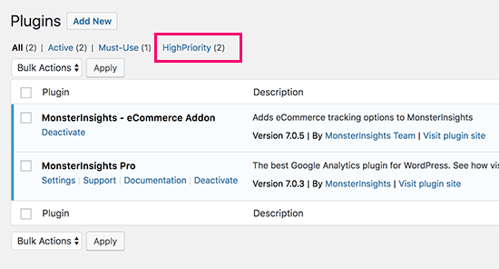 Plugin group list on the plugins page