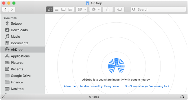 The "AirDrop" pane in Finder.