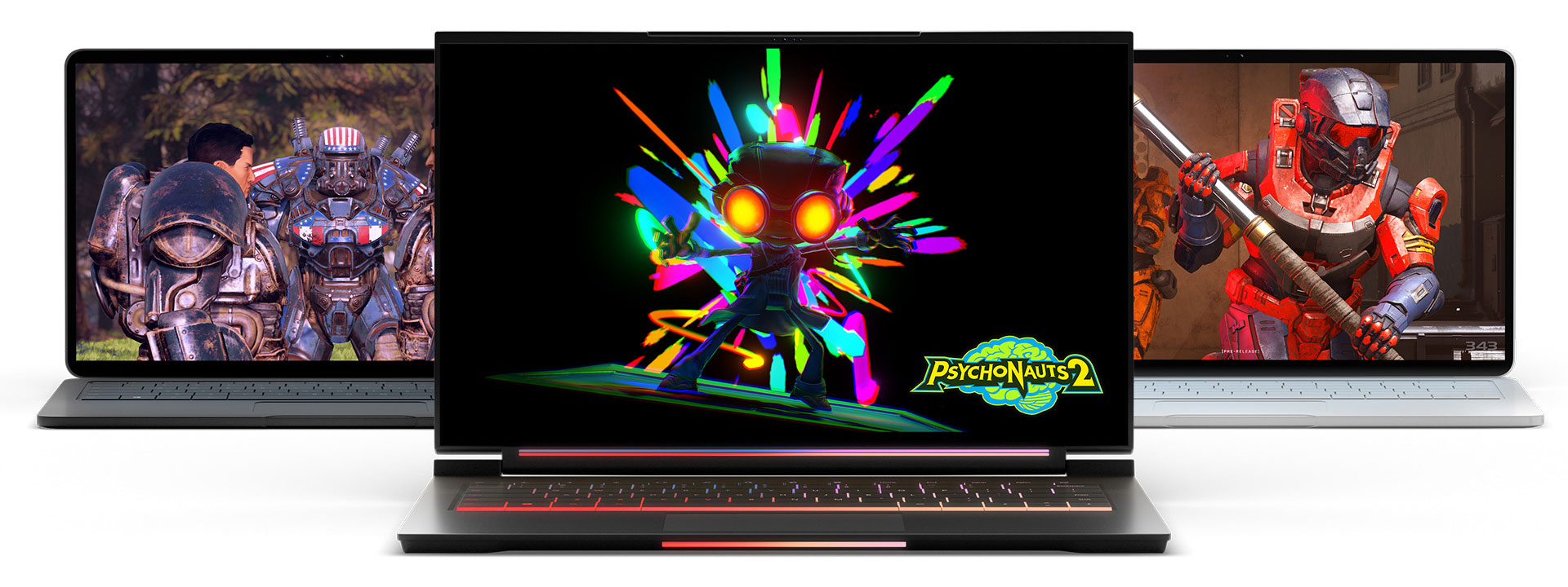 3 laptop screens showing video games