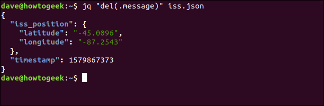 The "jq "del(.message)" iss.json" command in a terminal window.