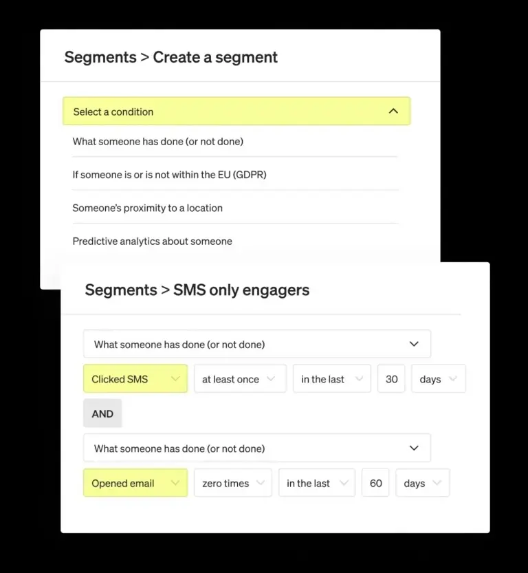 图像显示了在Klaviyo仪表板中创建分段的两个步骤。第一个步骤标签为“Segments>Create a segment”，下拉菜单取名为“Select a condition”并用黄色高亮显示。菜单下方选项有“某人做过（或未做过）什么”、“某人是否在欧盟内”、“某人与某位置的接近程度”、“关于某人的预测分析”。下一个图像，标题为“Segments>SMS only engagers”，显示下拉菜单选项为“某人做过（或未做过）什么”。下方有一排选项，分别为“点击过SMS”，“至少一次”，“在过去的”，“30天”，和“打开邮件”，“零次”，“在过去的”，“60天”。