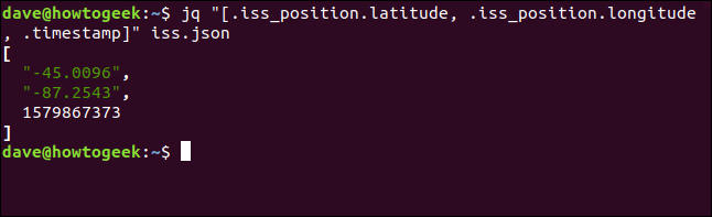 The "jq "[.iss-position.latitude, iss_position.longitude, .timestamp]" iss.json" command in a terminal window.