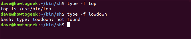 demonstration of the type -f option in a terminal window