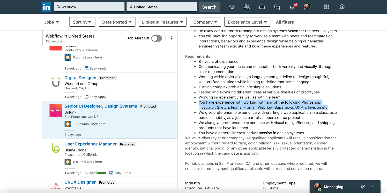 LinkedIn job postings mentioning “Webflow”