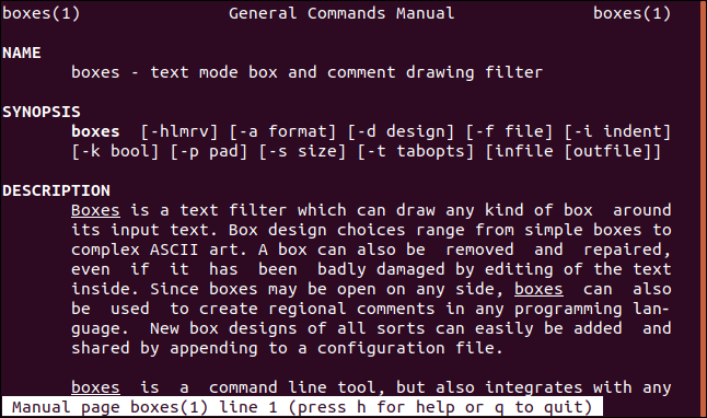 "boxes man" page in a terminal window.