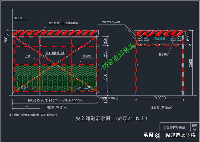 圖三:安全通道做法(24m以下)圖二:合灰機,攪拌機防護棚做法圖圖一