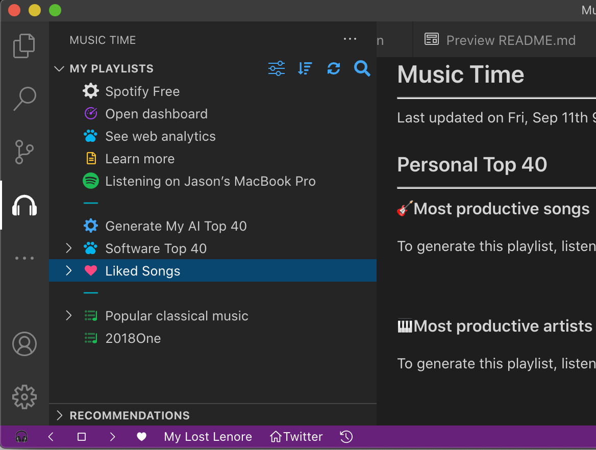 a screenshot of Music Time for Spotify in My VS Code.