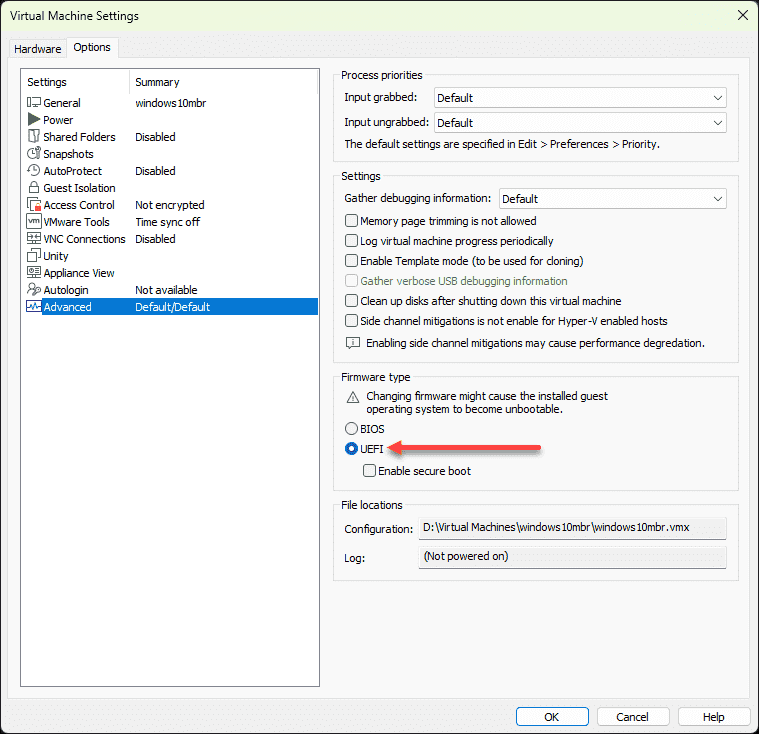 仮想マシンを BIOS から UEFI に変更する