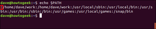 The "echo $PATH" command with a colon highlighted in a terminal window.