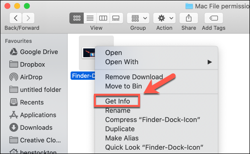 Right-click a file and press Get Info to access file permissions on macOS