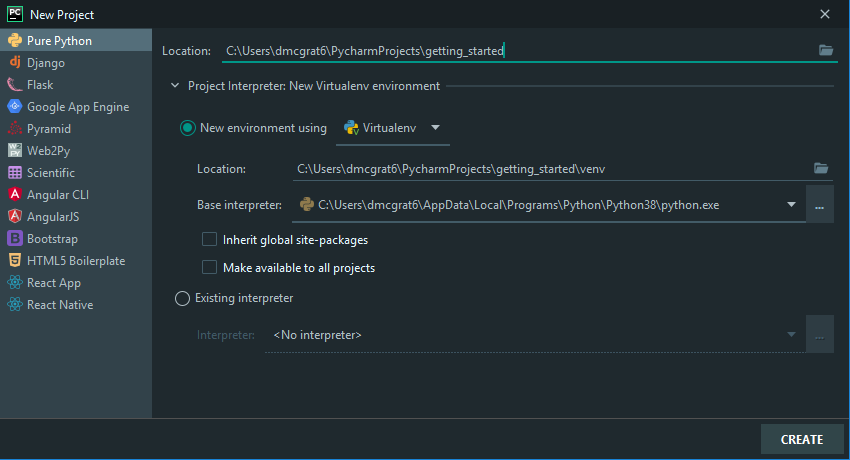 PyCharm’s New Project dialogue box showing where to name the project and where the virtual environment are created.