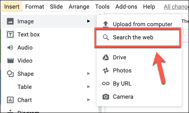 Click Insert > Image > Search The Web to insert an image using a Google Images search in Google Slides