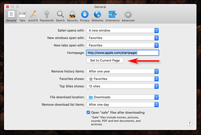 Click Set to Current Page button in Safari