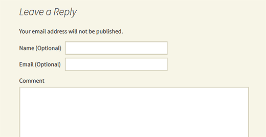 Comment form showing name and email address as optional fields in WordPress