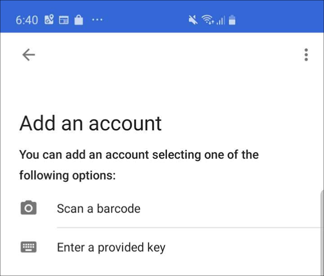 The Google Authenticator app screen on a phone, where you tap "Scan a Barcode."