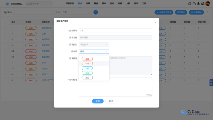 CoCode开发云 需求优先级排序