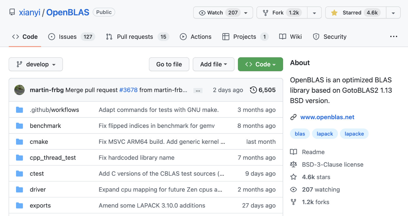 OpenBLAS 在 GitHub 上的项目概况