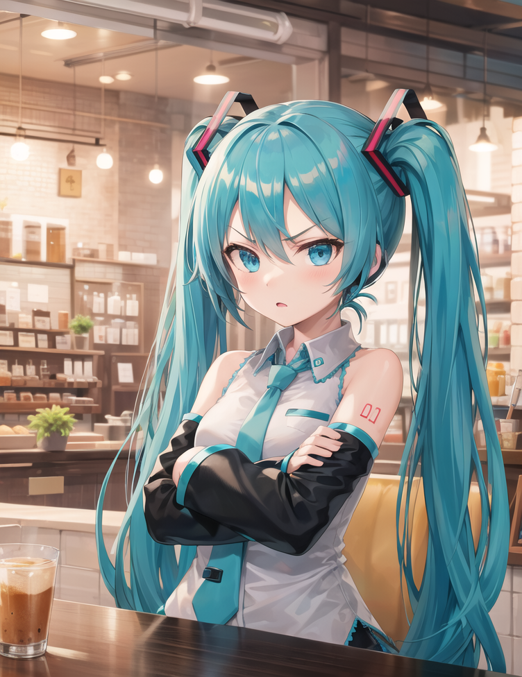 00098-3514023396-masterpiece, best quality, hatsune miku, 1girl, white shirt, blue necktie, bare shoulders, very detailed background, cafe, angry