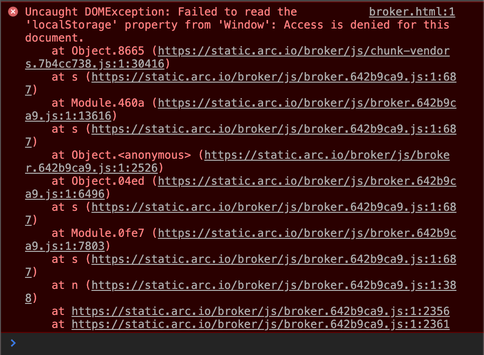 Developer console showing \”Uncaught DOMException: Failed to read the ‘localStorage’ property from ‘Window’: Access is denied