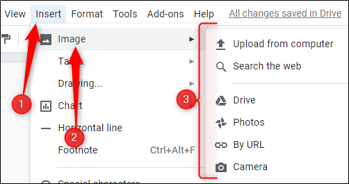 Click "Insert," click "Image," and then choose the location of your image.