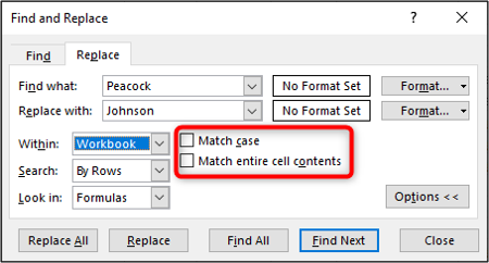 Match case and entire cell contents options