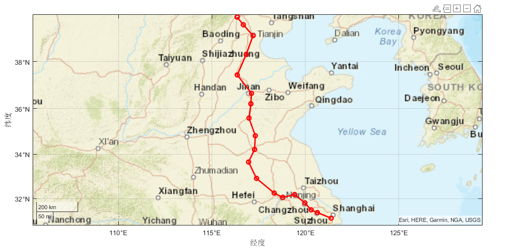 MATLAB数据可视化：在地图上画京沪线的城市连线