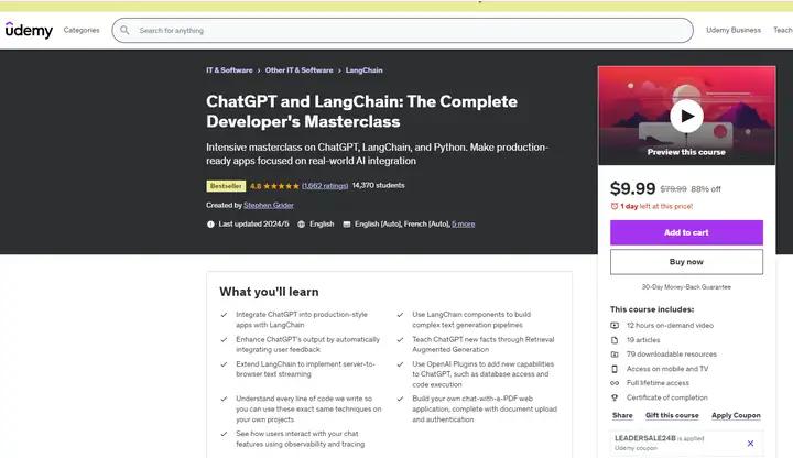 AI视频教程下载：全面掌握ChatGPT和LangChain开发AI应用（附源代码）