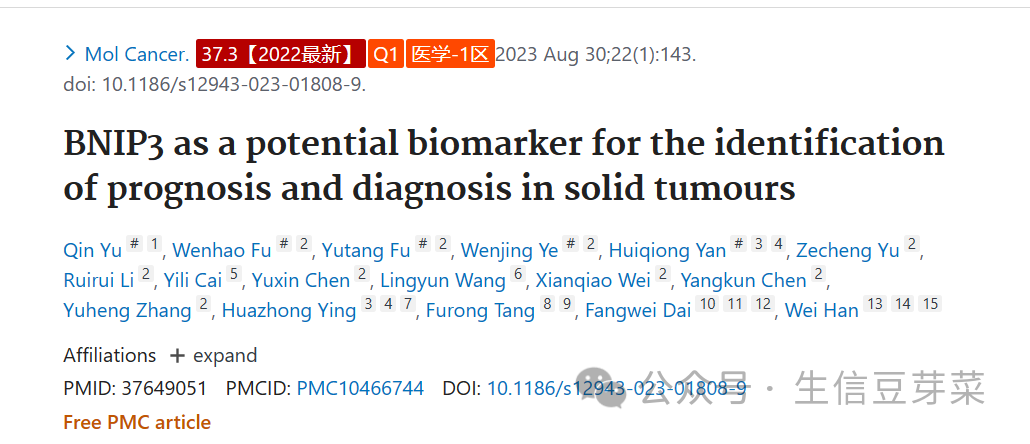 BNIP3作为识别实体瘤预后和诊断的潜在生物标志物