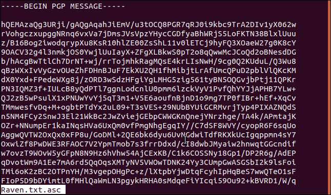Encrypted content of raven.txt.asc in a terminal window