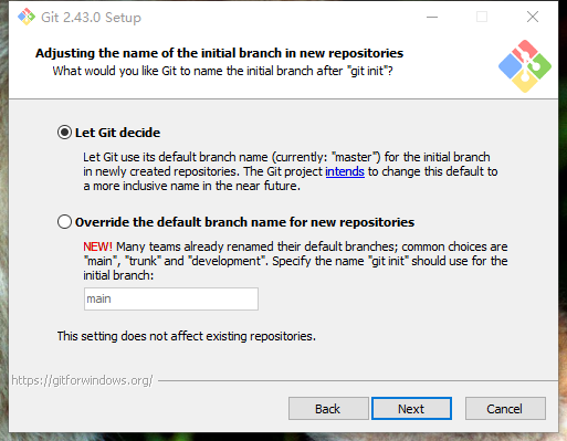 新仓库初始分支名设置（默认即可，后面课程会详细讲解分支知识），点击Next