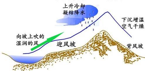 一般来说,地形雨具有如下两个特点:①迎风坡降水多,气候