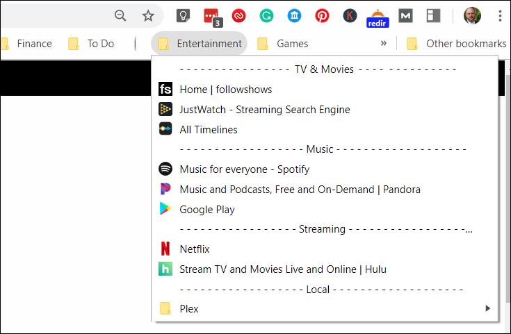 Example of horizontal lines used to separate bookmarks into organised categories