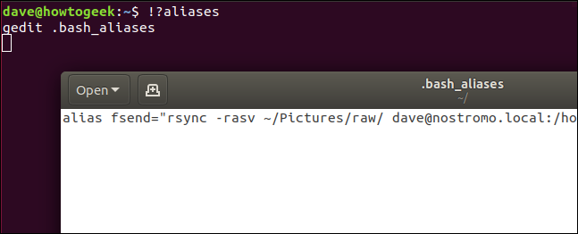 An "!?aliases" command in a terminal window.