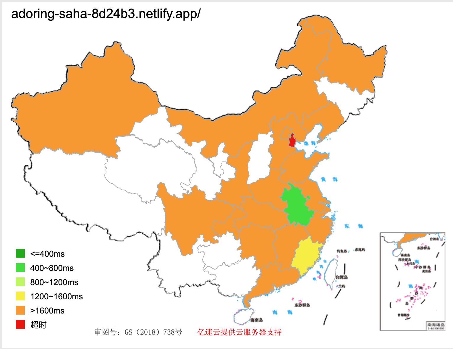 左图: 部署在 Netlify 的网站测速结果； 右图是提速后的测速结果。颜色代表网站的反馈时间，绿色代表快，越接近红色代表极慢甚至没法访问。