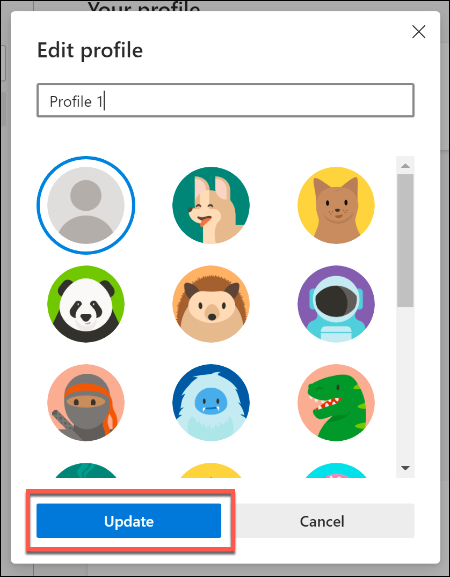 Provide a new name and icon for a user profile in Microsoft Edge, then press Update to update your settings