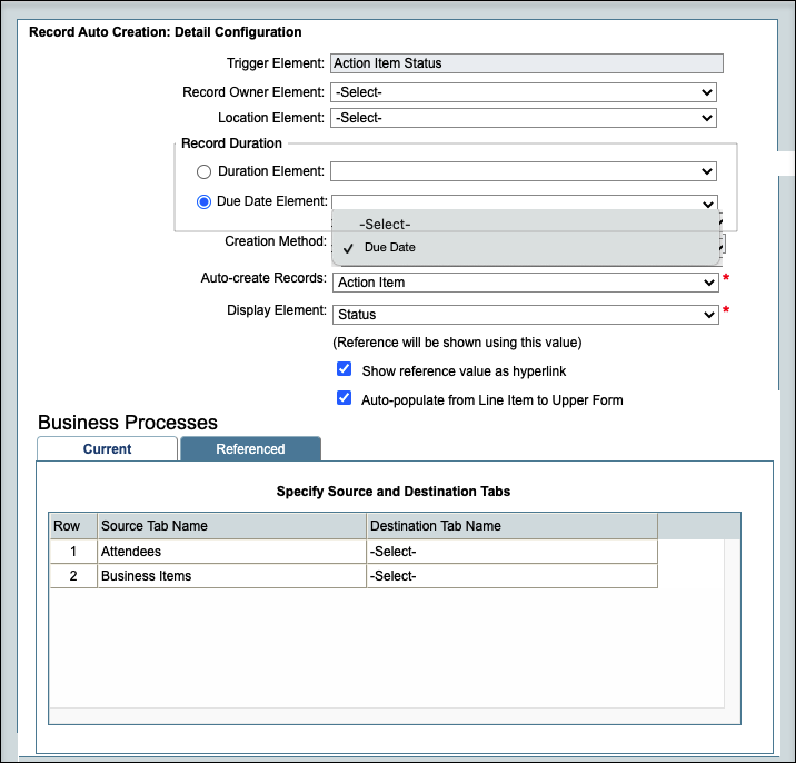 Image of an auto-creation screen, where the Record Duration Due Date Element is set to Due Date.