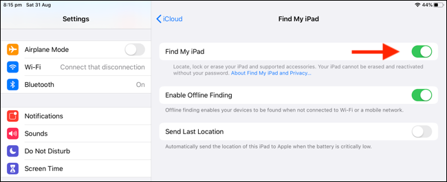 Tap the toggle next to "Find My iPad" to turn it on or off.