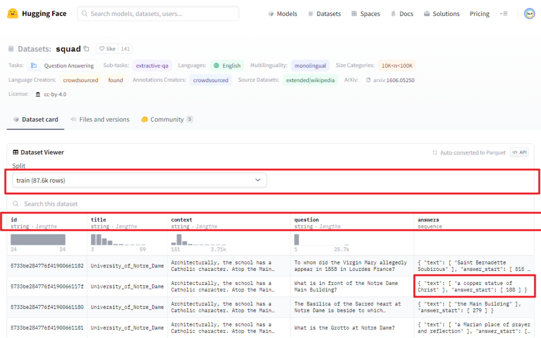 三.QA任务  主要是处理脚本P-tuning-v2/tasks/qa/dataset.py文件。1.SQuAD 1.1数据集  SQuAD是由Rajpurkar等人提出的一个抽取式QA数据集。该数据集包含10万个（问题，原文，答案）三元组，原文来自于536篇维基百科文章。对于每个文章的问题(<=5)，有很多标注人员标注答案，且答案出现在原文中。https://huggingface.co/datasets/squad  训练集数据如下所示：  验证集数据如下所示：2.SQuAD 2.0数据集  相较SQuAD 1.1中的10万问答,SQuAD 2.0又新增了5万个人类撰写的问题——而且问题不一定有对应答案。https://huggingface.co/datasets/squad_v2  训练集数据如下所示：  验证集数据如下所示：