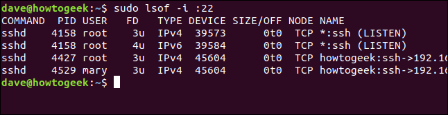 lsof output in a terminal window