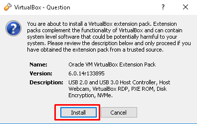 Accept VirtualBox Extension Pack Installation