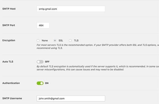 Gmail SMTP settings for WP Mail SMTP plugin