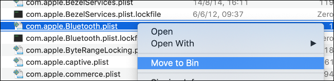 Click "Move to Bin" to delete the "com.apple.Bluetooth.plist" file.